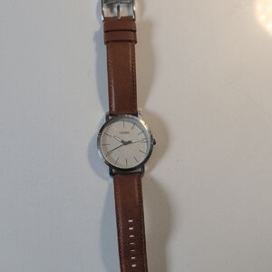 Fossil Silver Case Watch with Brown Leather Strap